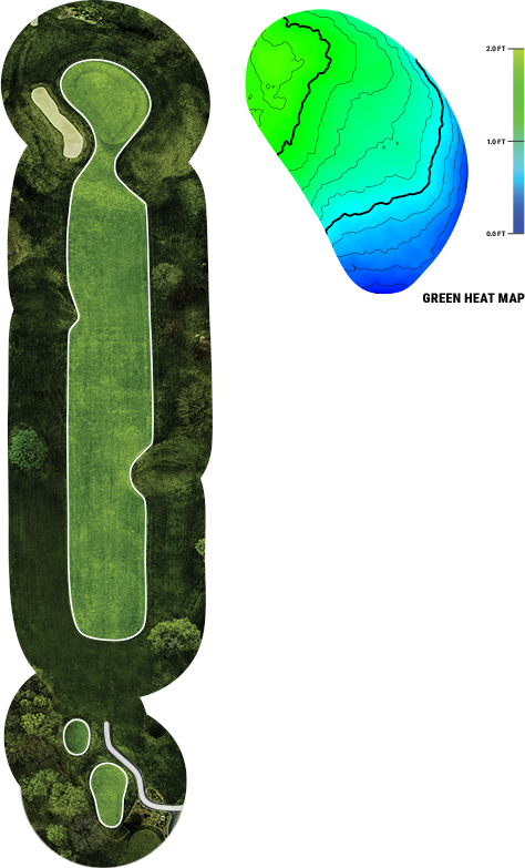 Birds eye photo of hole 10 with heatmap of green