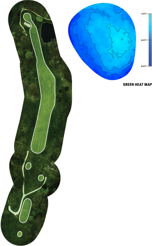 Birds eye photo of hole 11 with heatmap of green