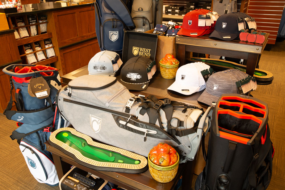 Image of various golf products at the Pro Shop at West Bend Country Club.