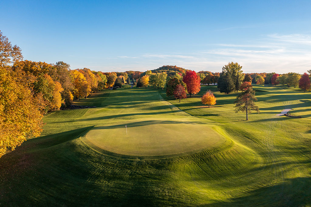 An overhead photo of the West Bend Country Club golf course in fall.
